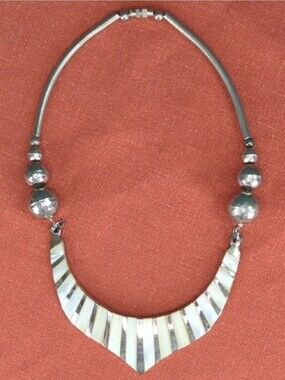 Vintage Tribal Silver Necklace With Inlaid Mother Of Pearl